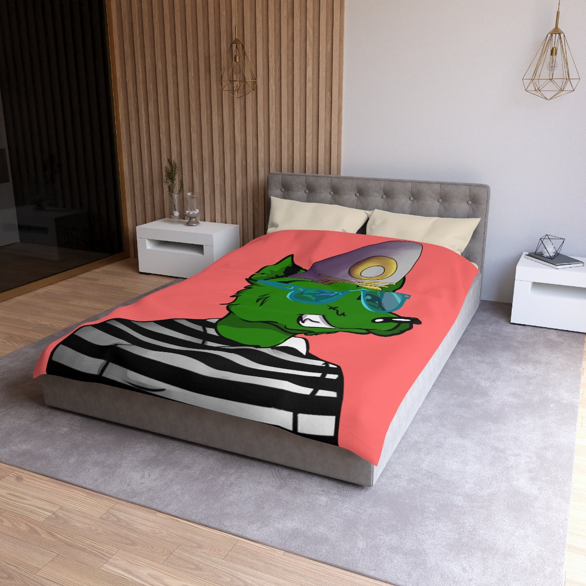 Cyborg Wolf Green Fur Striped Shirt Gold Sailor Hat Blue Glasses Microfiber Duvet Cover