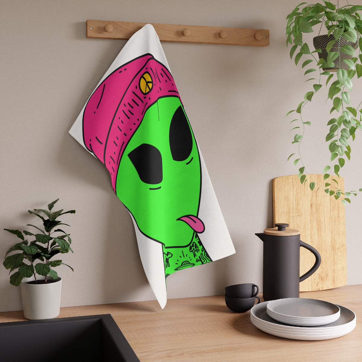 Toalla de cocina con lengua rosa, sombrero de paz, tatuajes extraterrestres, OVNI, espacio, visitante extraterrestre 