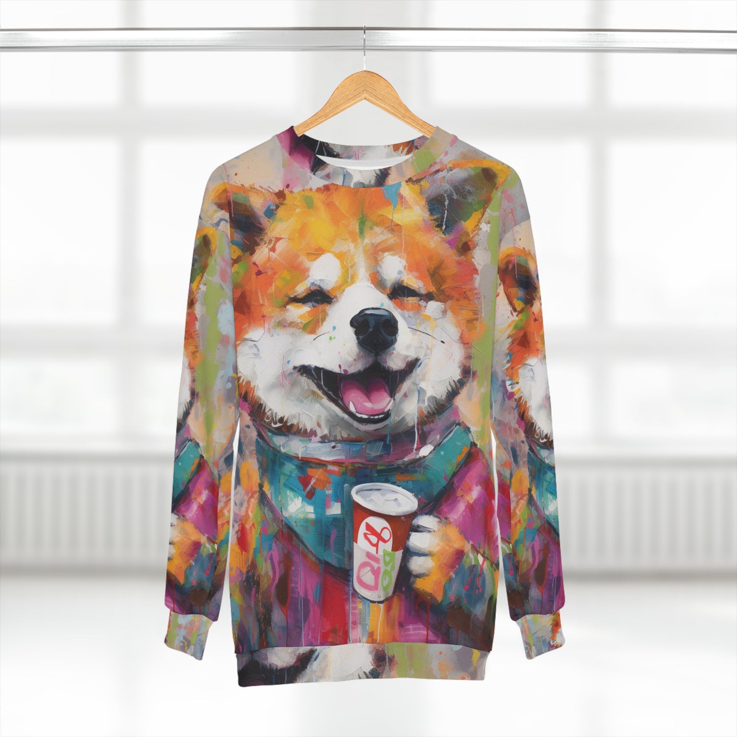 Arte estilo graffiti Shiba Inu bebiendo café: sudadera unisex de diseño colorido, feliz y post-apocalíptico (AOP) 