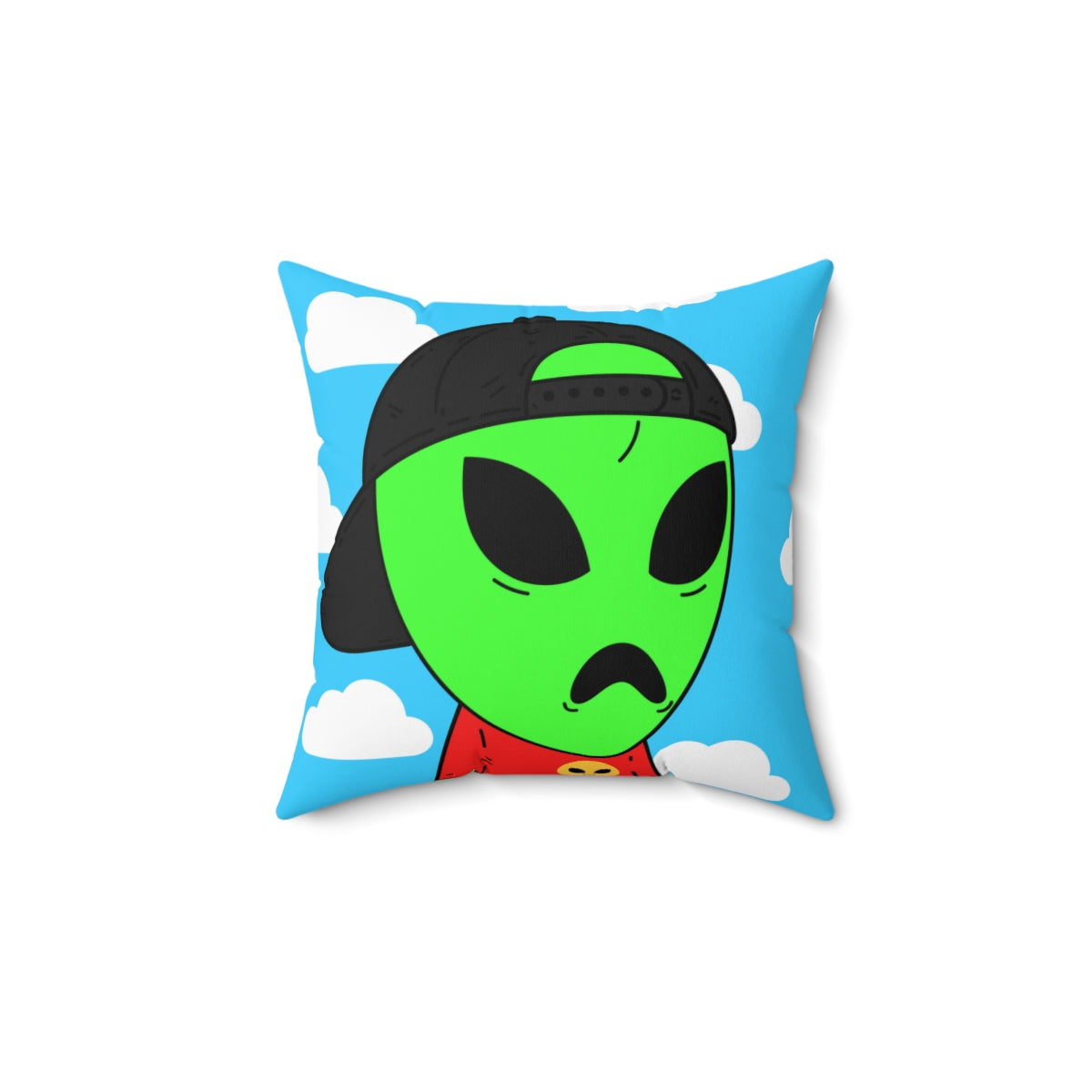 Frown Green Alien Large Sad V Mouth Black Cap Red Visi T Shirt Visitor Spun Polyester Square Pillow