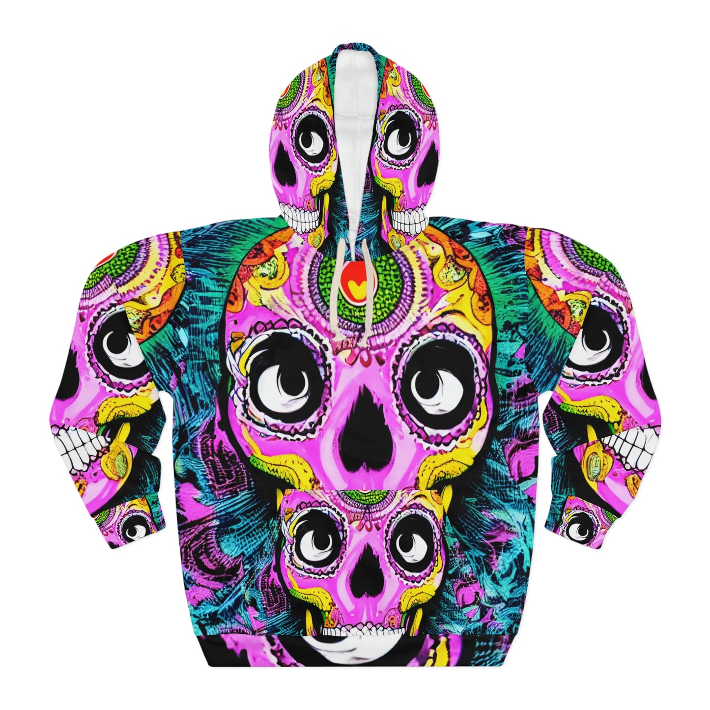 Trippy psicodélico cráneo esqueleto cabeza cara AOP unisex sudadera con capucha 