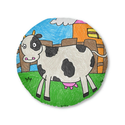 Cow Moo Farm Barn Animal Character Tufted Floor Pillow, Round