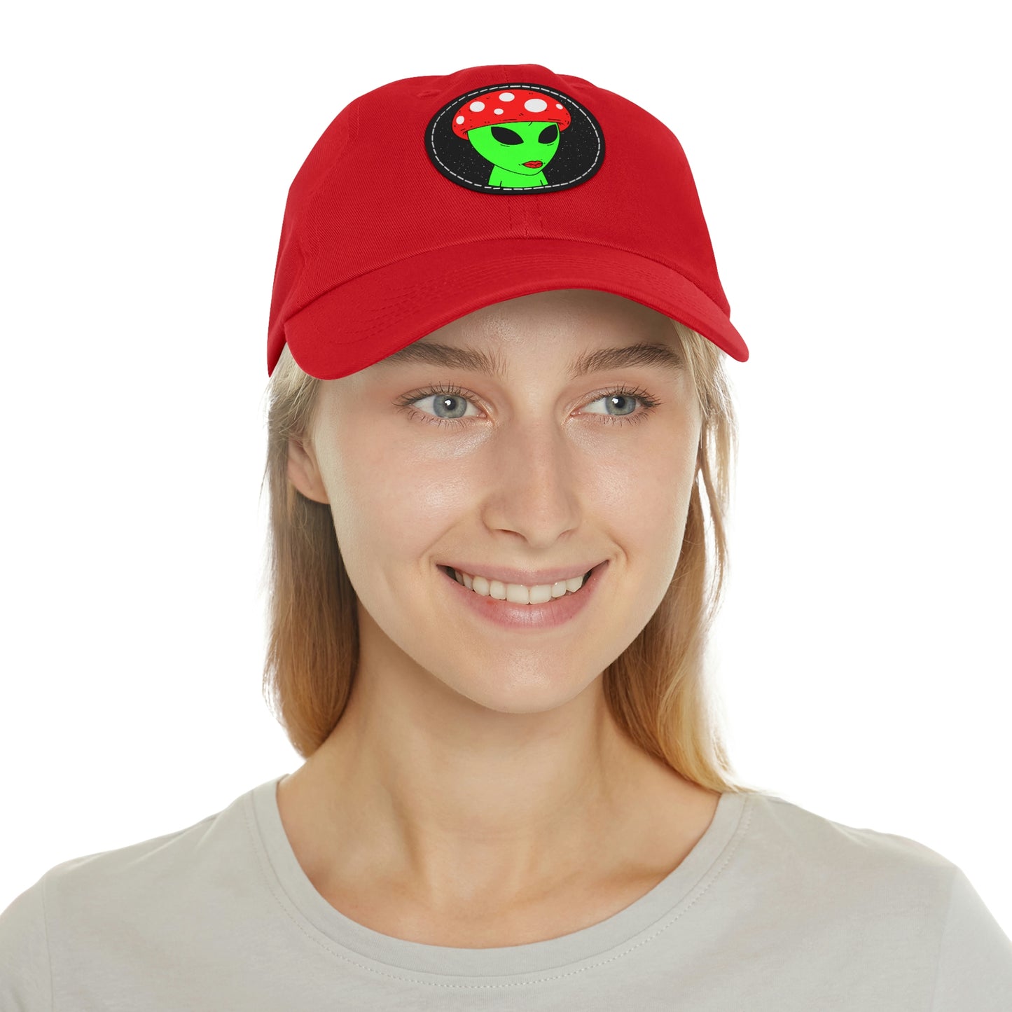 Mushroom Head Green Alien Visitor w/ Red Lips Dad Hat with Leather Patch (Round)