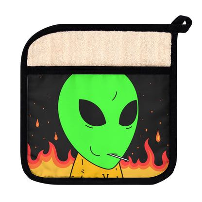 Space Alien UFO SCI FI Sucker Visitor Fire Flame Blazing heat Galactic Pot Holder with Pocket