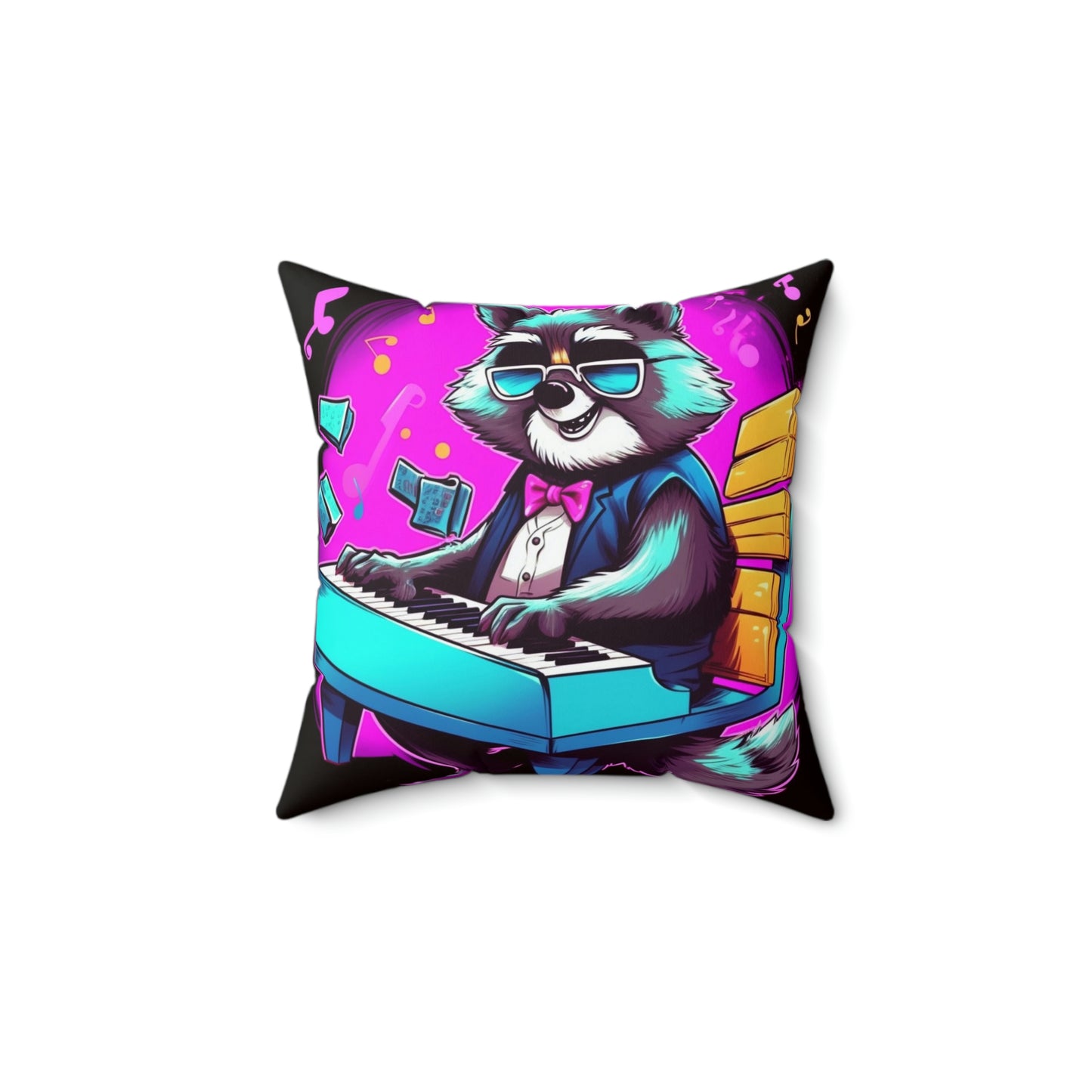 Piano Raccoon Furry Animal Keyboard Artist Musician Graphic Spun Polyester Square Pillow