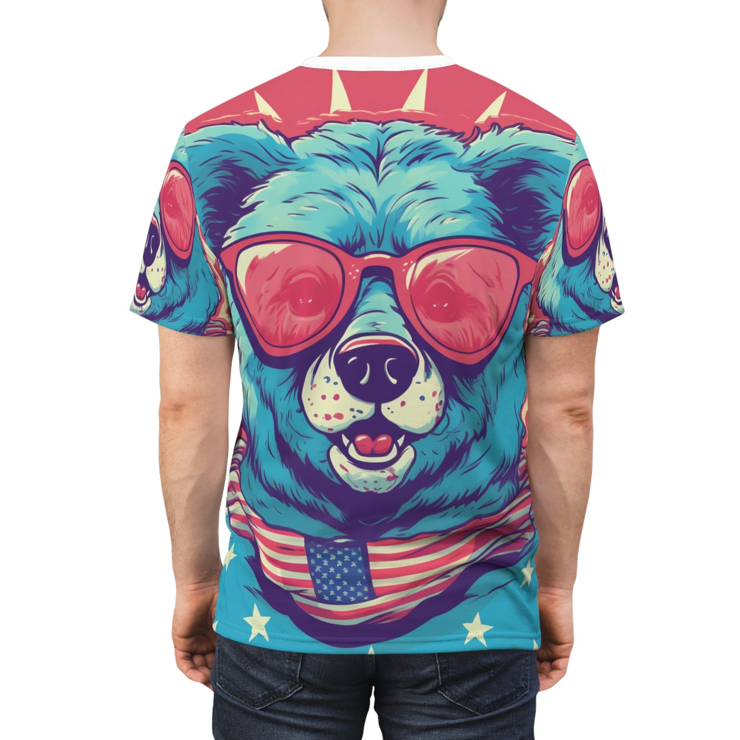 4th of July Festive Fun: Cute Patriotic Bear Graphic USA Style Unisex Cut & Sew Tee (AOP)