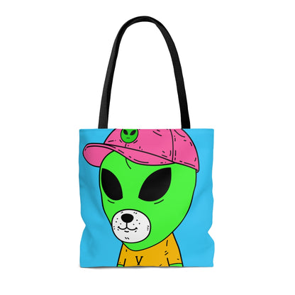 Cara de oso de perro visitante extraterrestre verde Camisas VT amarillas Sombrero Visi rosa AOP Bolsa de tela 