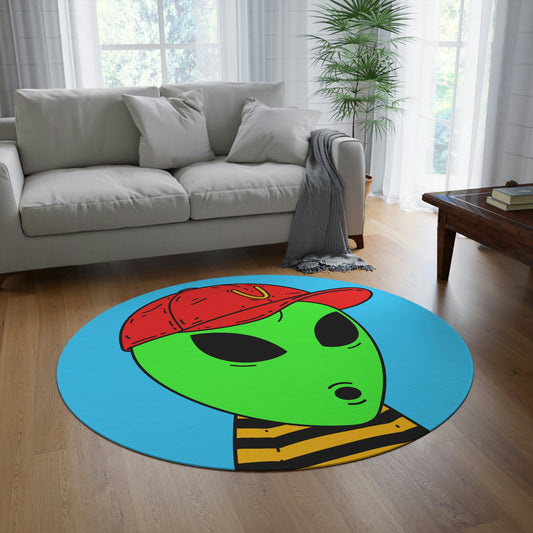 Visitors Alien Green Large O Face Red Visi V Hat Yellow Black Striped shirt Round Rug - Visitor751
