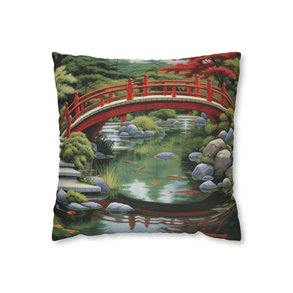 Japanese Garden Art - Tranquil Koi Pond Red Bridge Spun Polyester Square Pillow Case