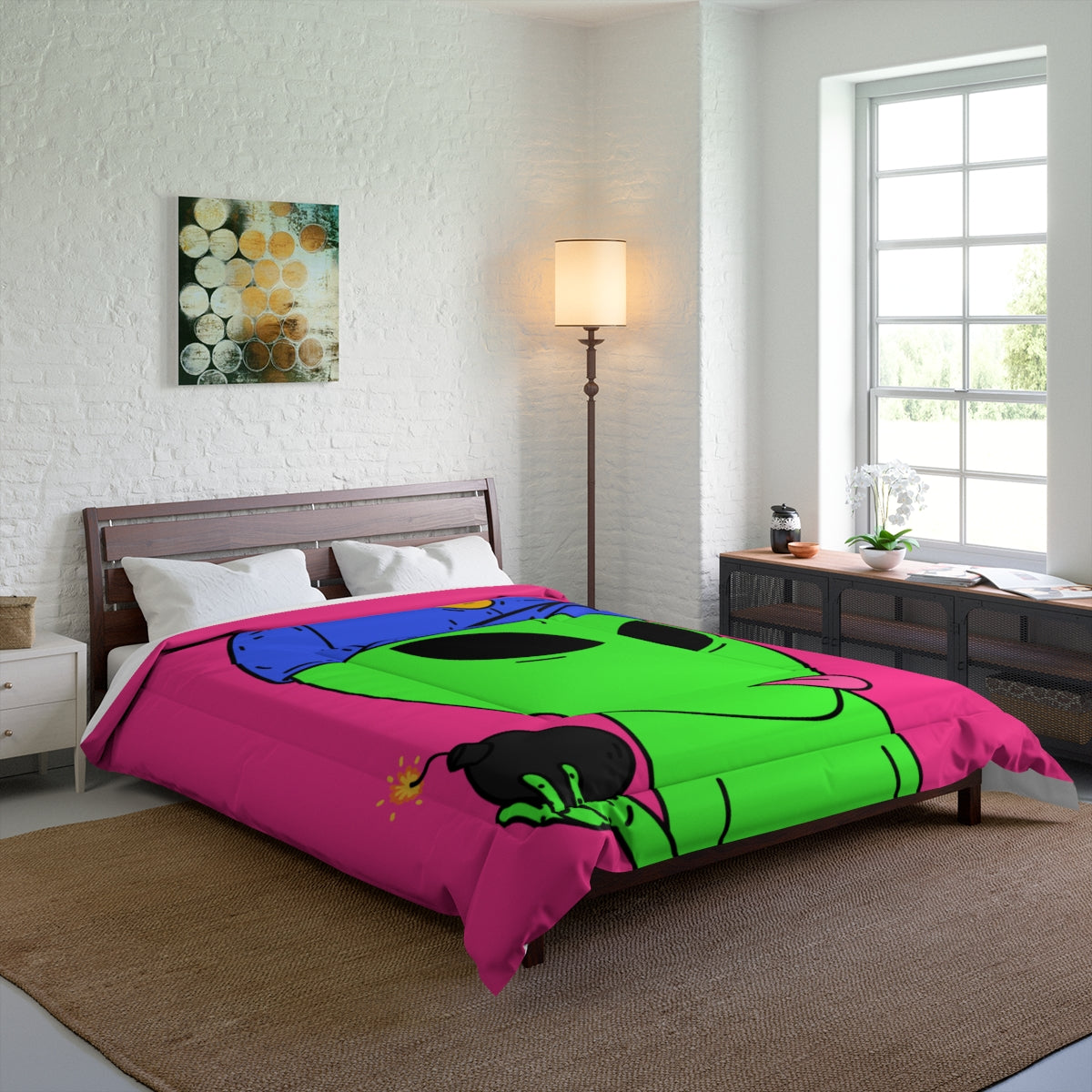 Green Alien Bomb Wield Hand Blue Visi Hat Visitor Bed Comforter