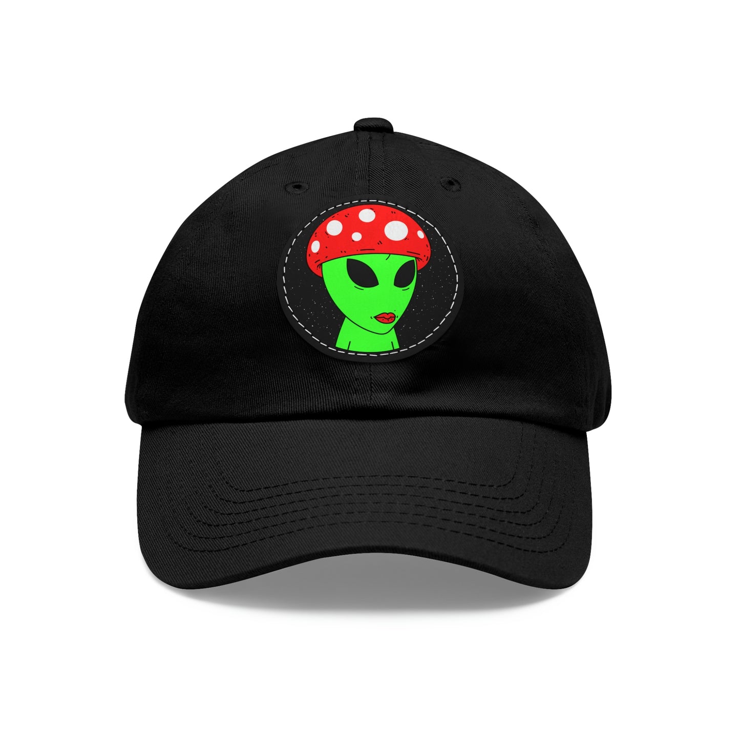 Mushroom Head Green Alien Visitor w/ Red Lips Dad Hat with Leather Patch (Round)