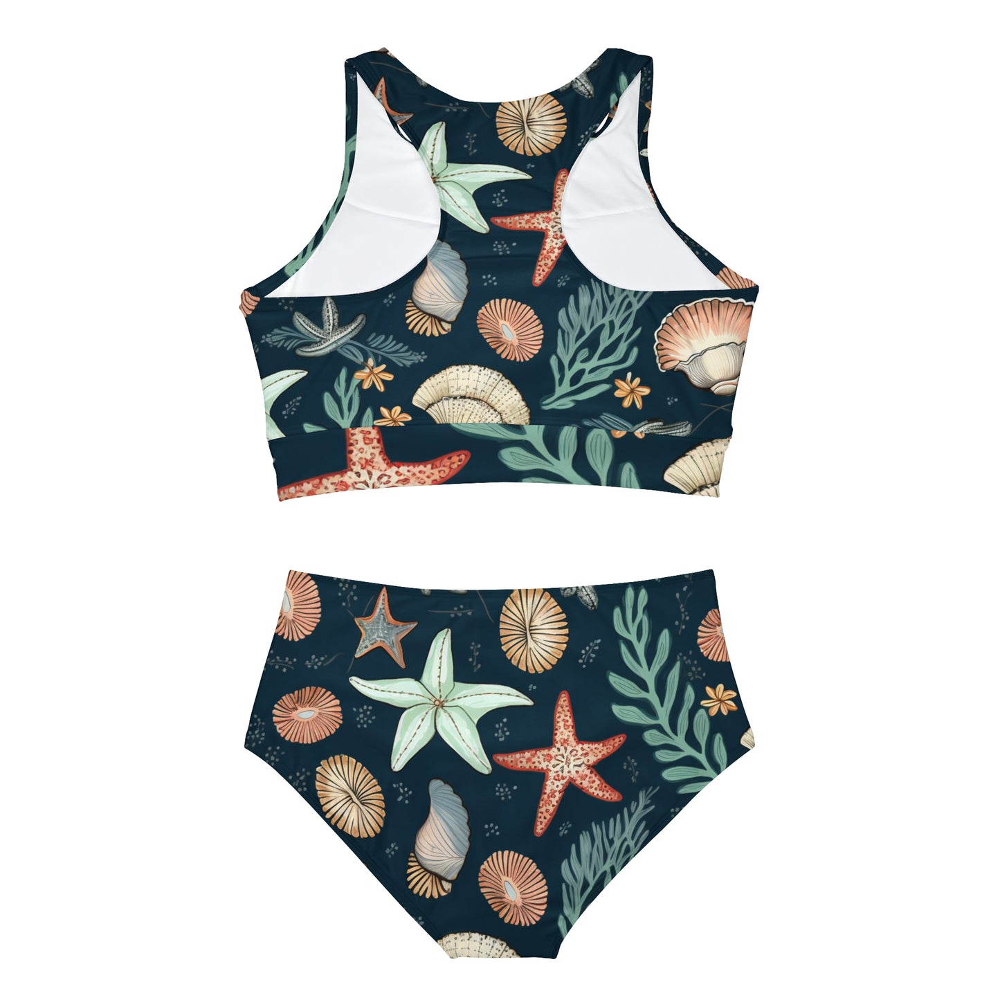 Hand-Drawn Seashells & Starfish Marine-Inspired Pattern Sporty Bikini Set (AOP)