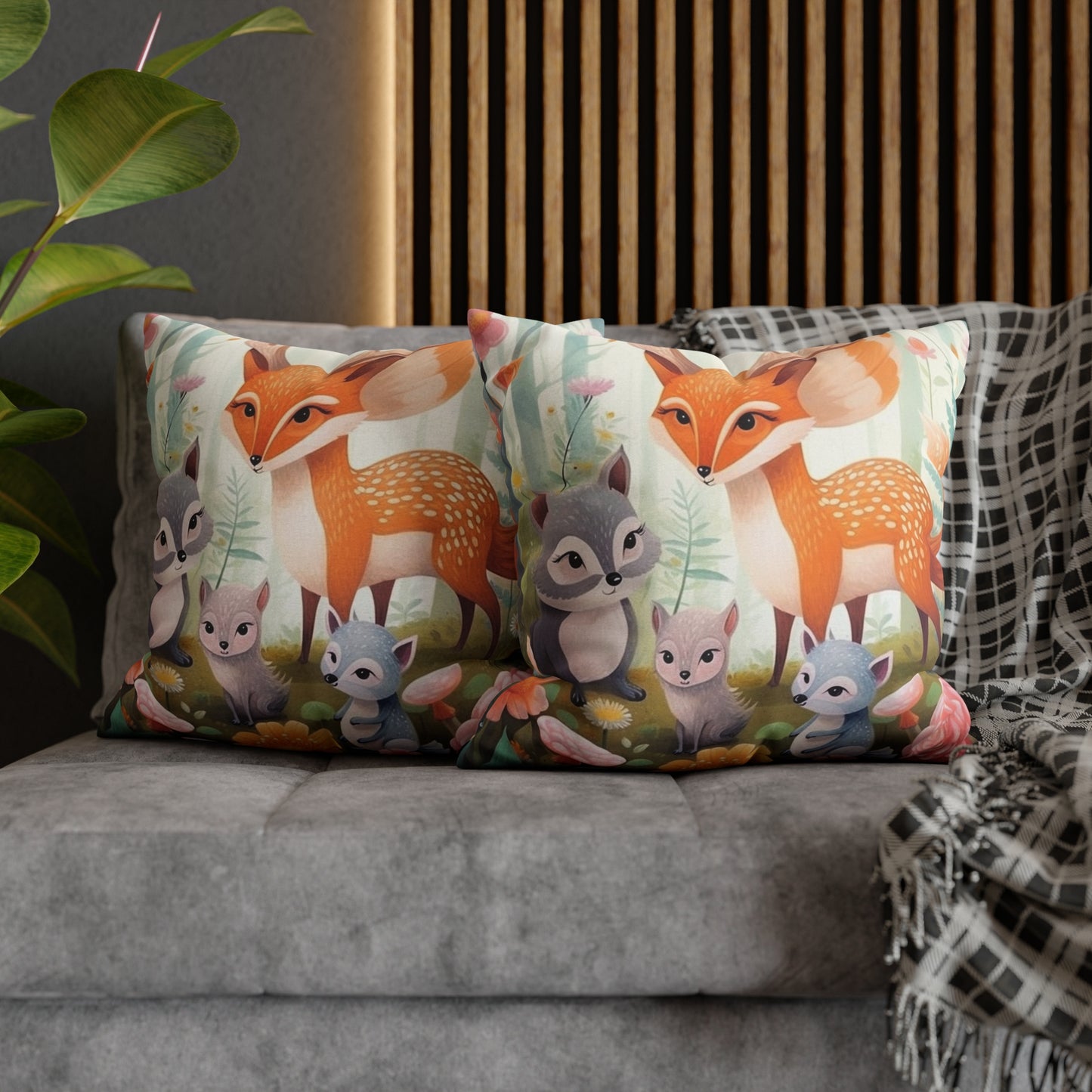 Cute Woodland Creatures Whimsical Animal Art Spun Polyester Square Pillow Case