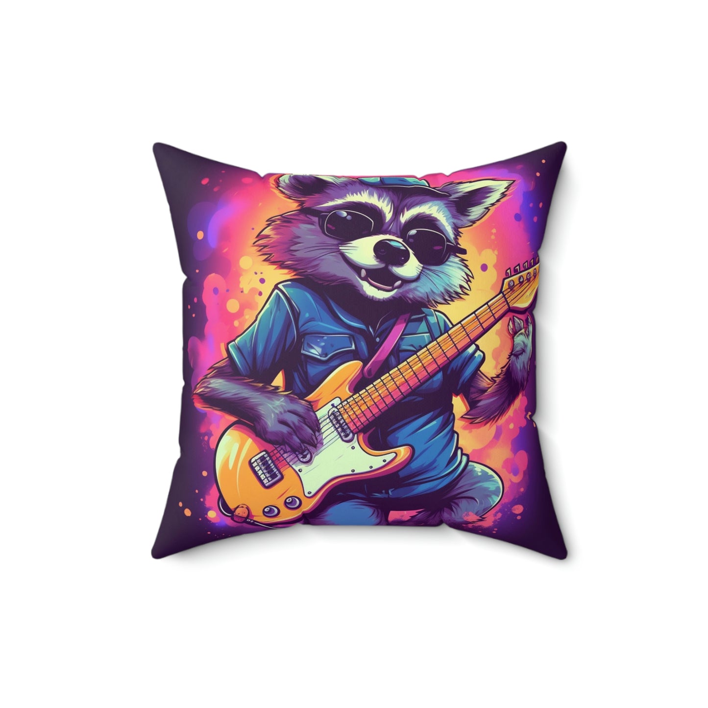 Furry Raccoon Guitarist - Rock Star Animal Music Decor Spun Polyester Square Pillow