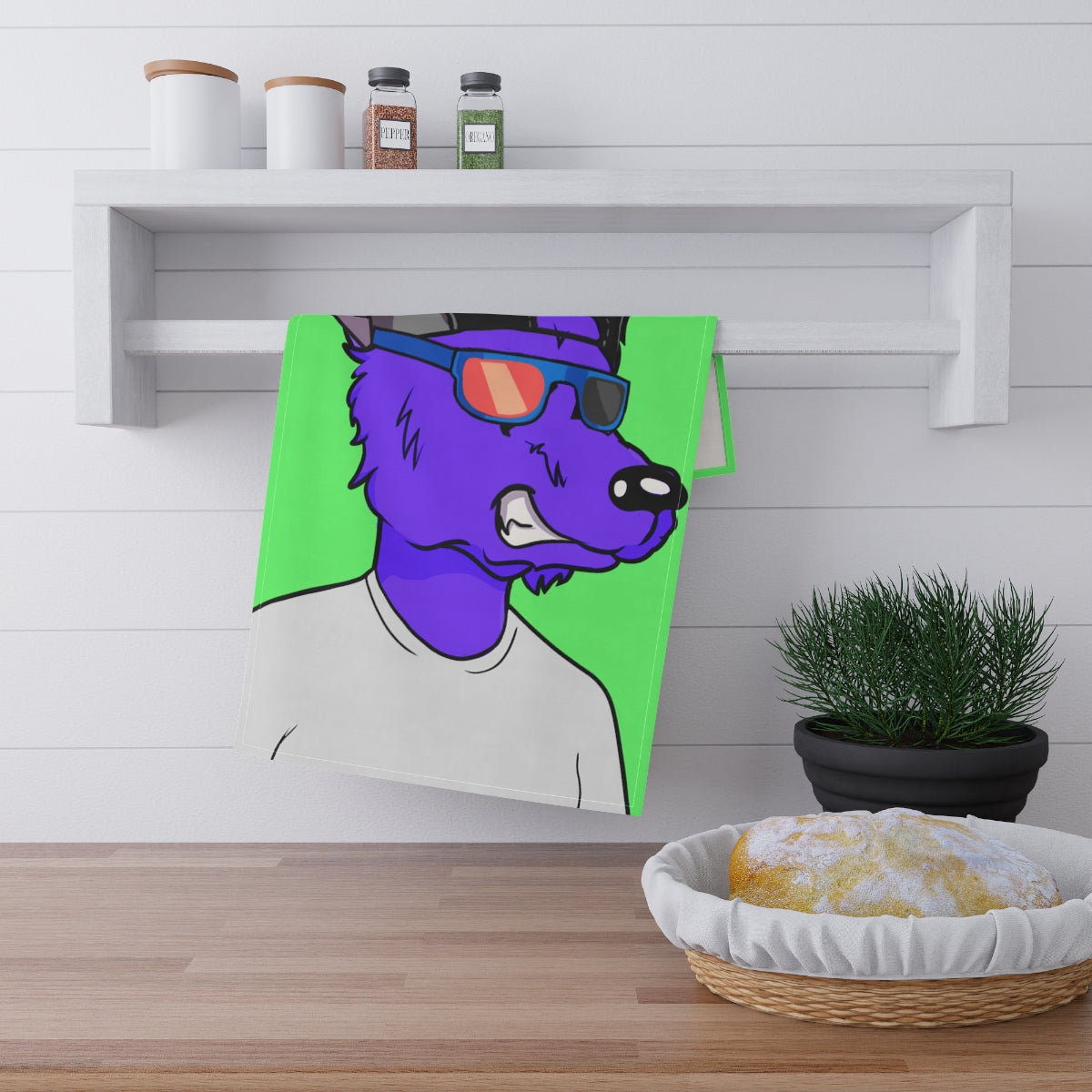 Cyborg Wolf Purple Fur Sunglasses Shades Cool Hat White Tshirt Kitchen Towel