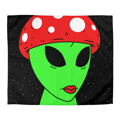 Mushroom Head Green Alien Visitor w/ Red Lips Microfiber Duvet Cover