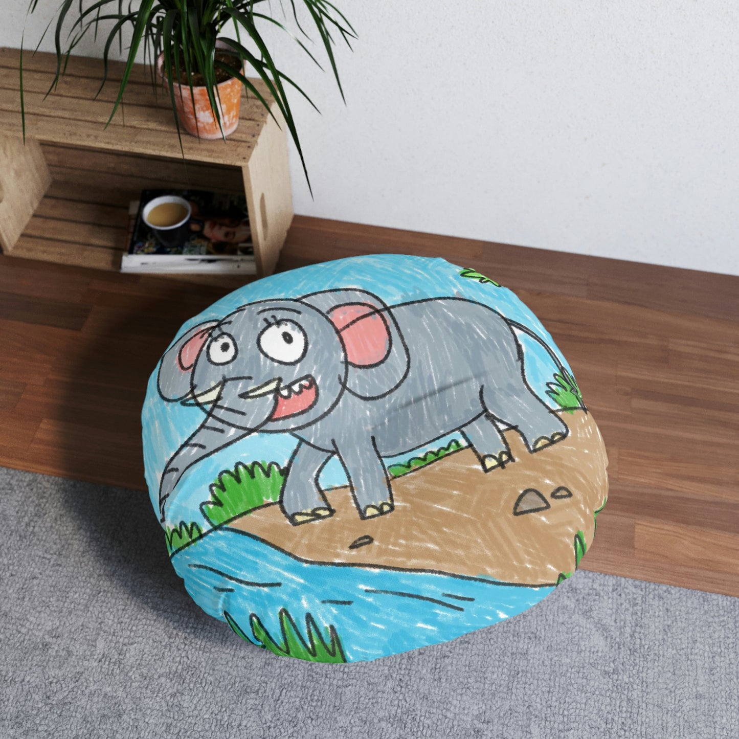 Elefante Elephant King Safari Animal Tufted Floor Pillow, Round