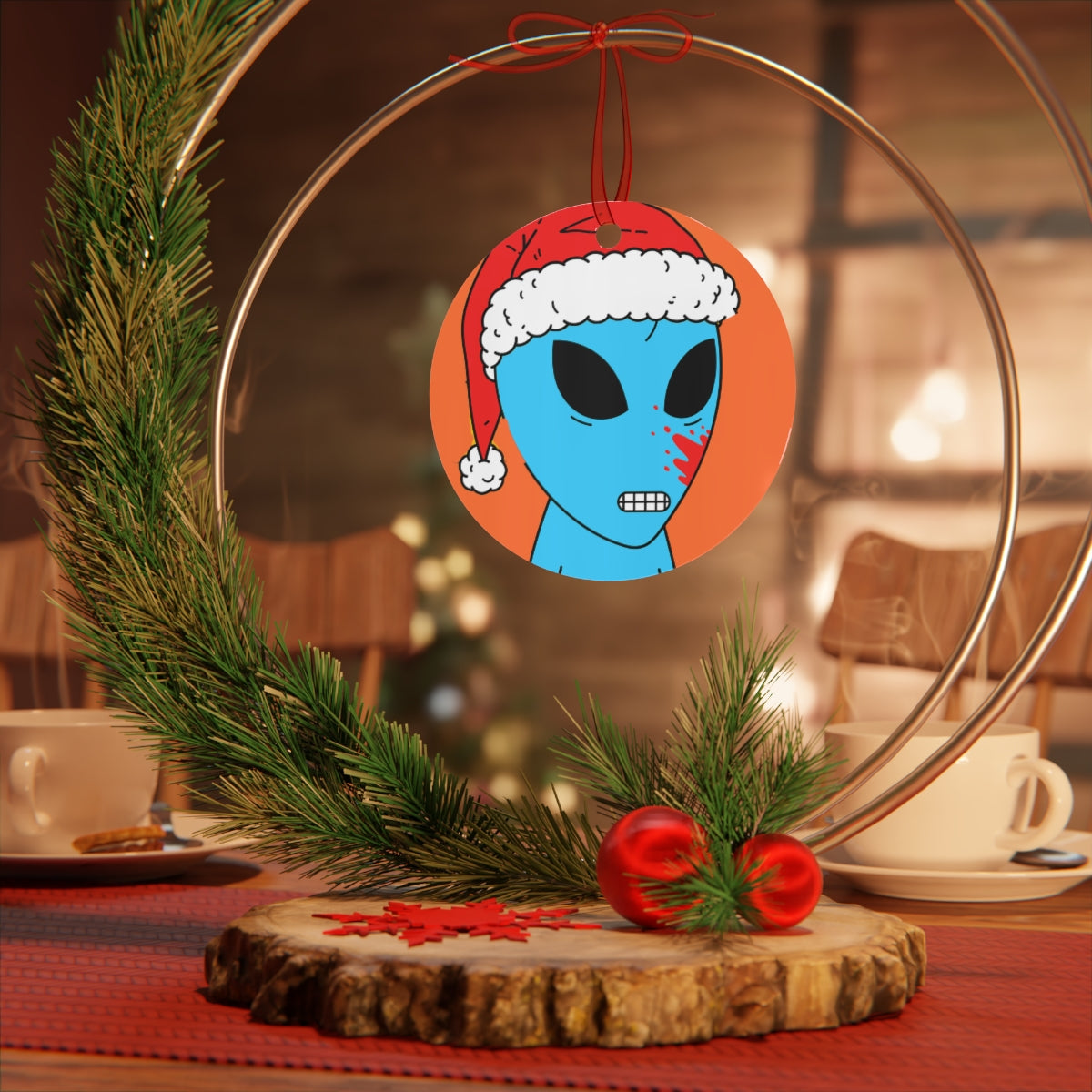 Santa Hat Alien Christmas Season Blue Blood Visitor Metal Ornaments