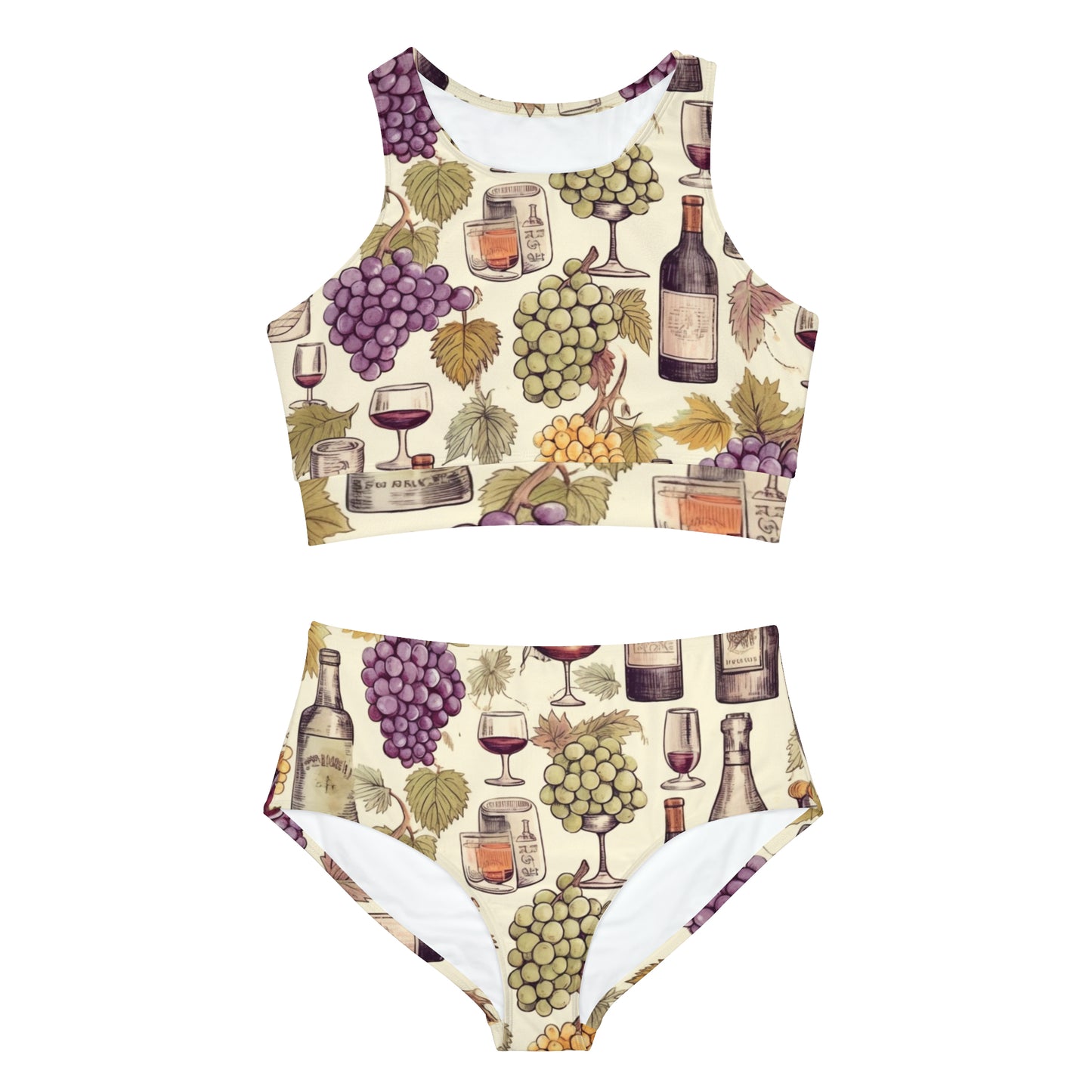 Wine Lovers Theme: Varieties of Wine, Grapes & Vineyards Design Sporty Bikini Set (AOP)