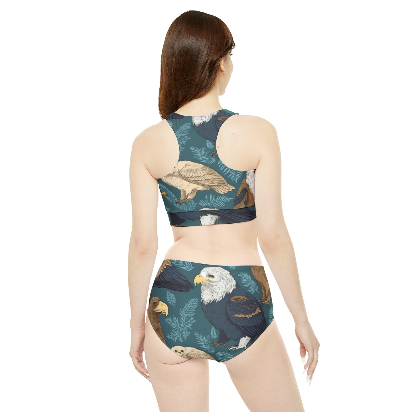 American Wildlife Symbols: Bald Eagles, Hawks, Birds Design Sporty Bikini Set (AOP)