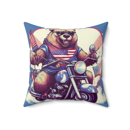 Roaring American Pride: Patriotic Bear 4th of July Motorcycle Adventure Spun Polyester Square Pillow