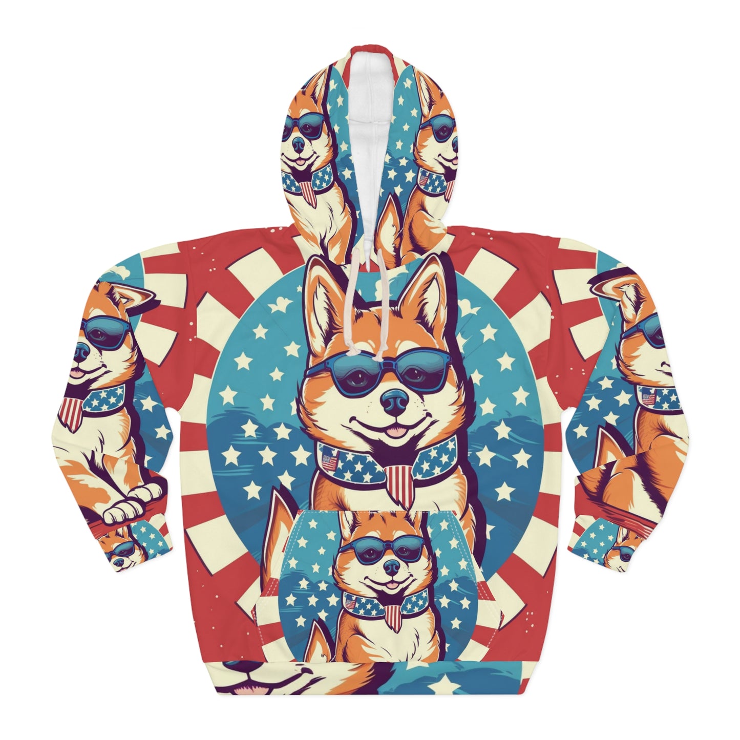 Patriótico Shiba Inu Retro Cartoon -Synthwave Summer Animation Sudadera con capucha unisex (AOP) 