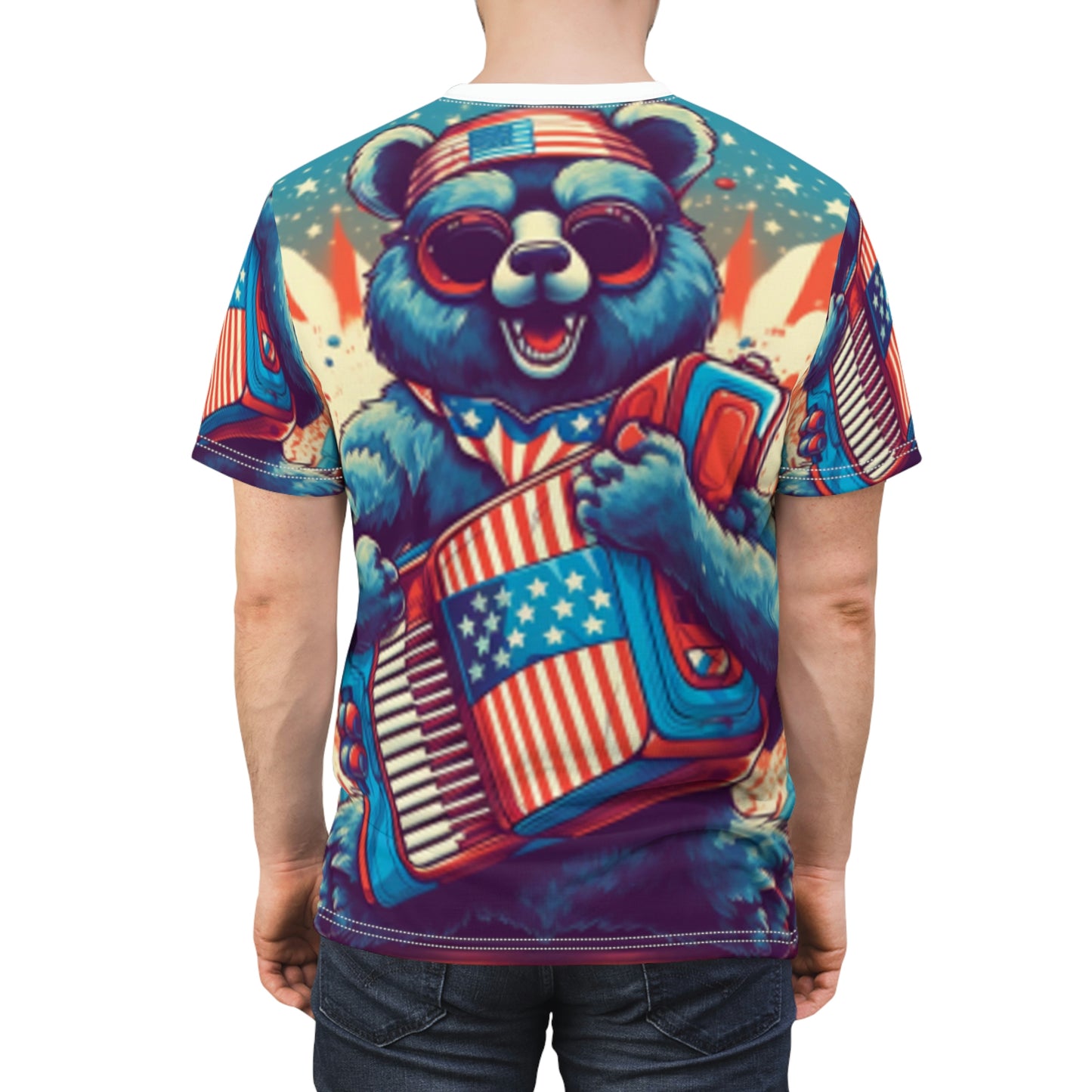 Accordion Bear Patriotic 独立記念日 アメリカン ミュージック ユニセックス カットソー Tシャツ (AOP) 