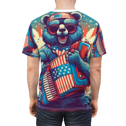 Accordion Bear Patriotic 独立記念日 アメリカン ミュージック ユニセックス カットソー Tシャツ (AOP) 