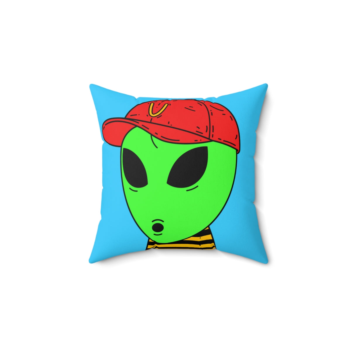 Visitors Alien Green Large O Face Red Visi V Hat Yellow Black Striped shirt Spun Polyester Square Pillow