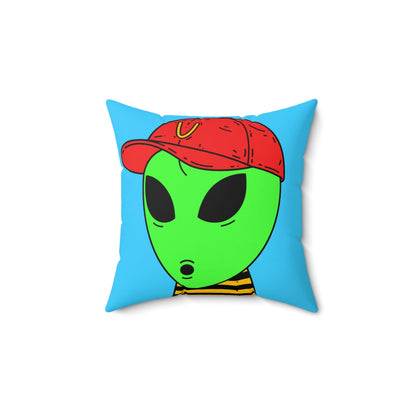 Visitors Alien Green Large O Face Red Visi V Hat Yellow Black Striped shirt Spun Polyester Square Pillow