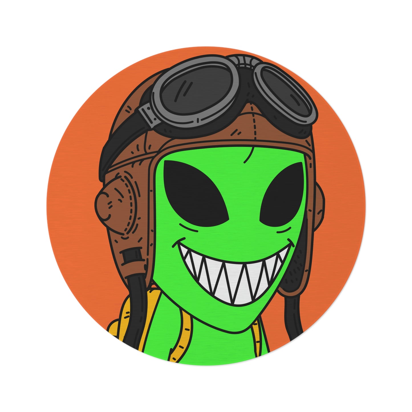 Aviator Flying Cap Green Alien Visitor Big Smile Teeth Yellow Backpack Round Rug - Visitor751