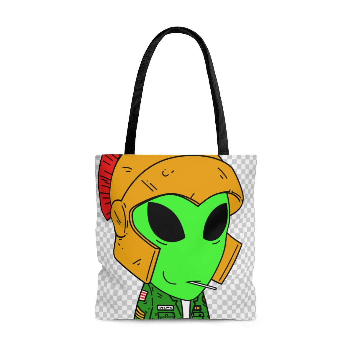 Spartan Helmet Military Jacket Lolipop Mouth Green Alien Visitor AOP Tote Bag