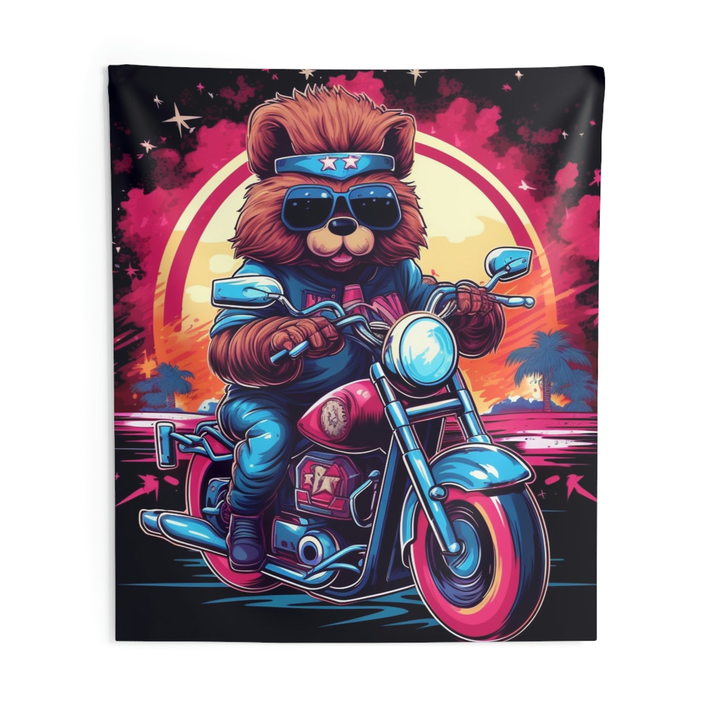 Tapices de pared para interiores con gráfico de aventura de jinete de oso de motocicleta 