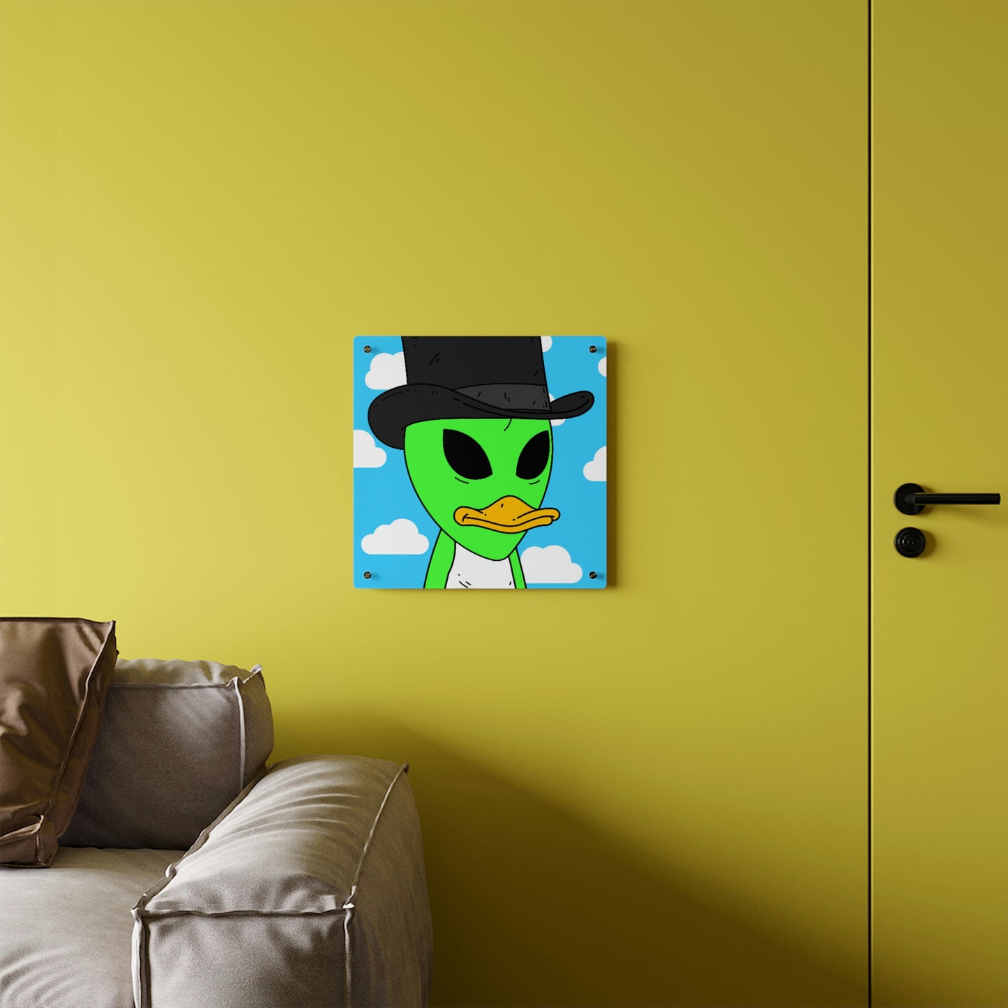 Visitors Green Alien Duck Black Top Hat Acrylic Wall Art Panels