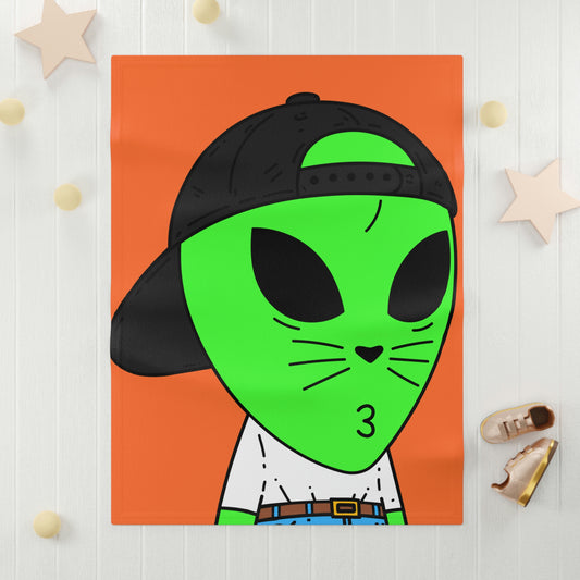 Cat Whiskers Visitor Green Alien Heart Nose Black Cap Soft Fleece Baby Blanket