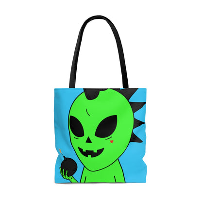 Green Alien Black Spiked Hair Calabaza Cara Bomba Visitante AOP Bolsa de tela 