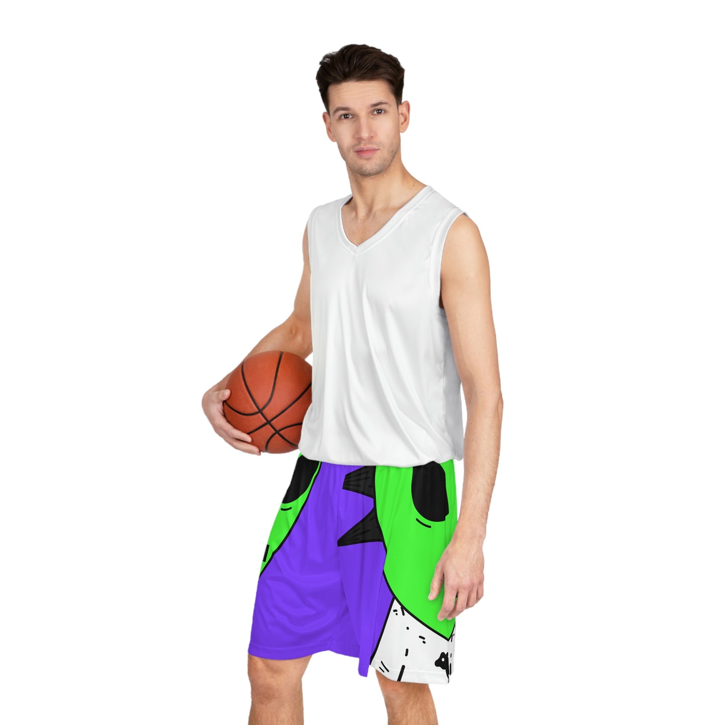 Cow Green Alien Spike Black Hair Digital Smile Visitor Basketball Shorts (AOP)