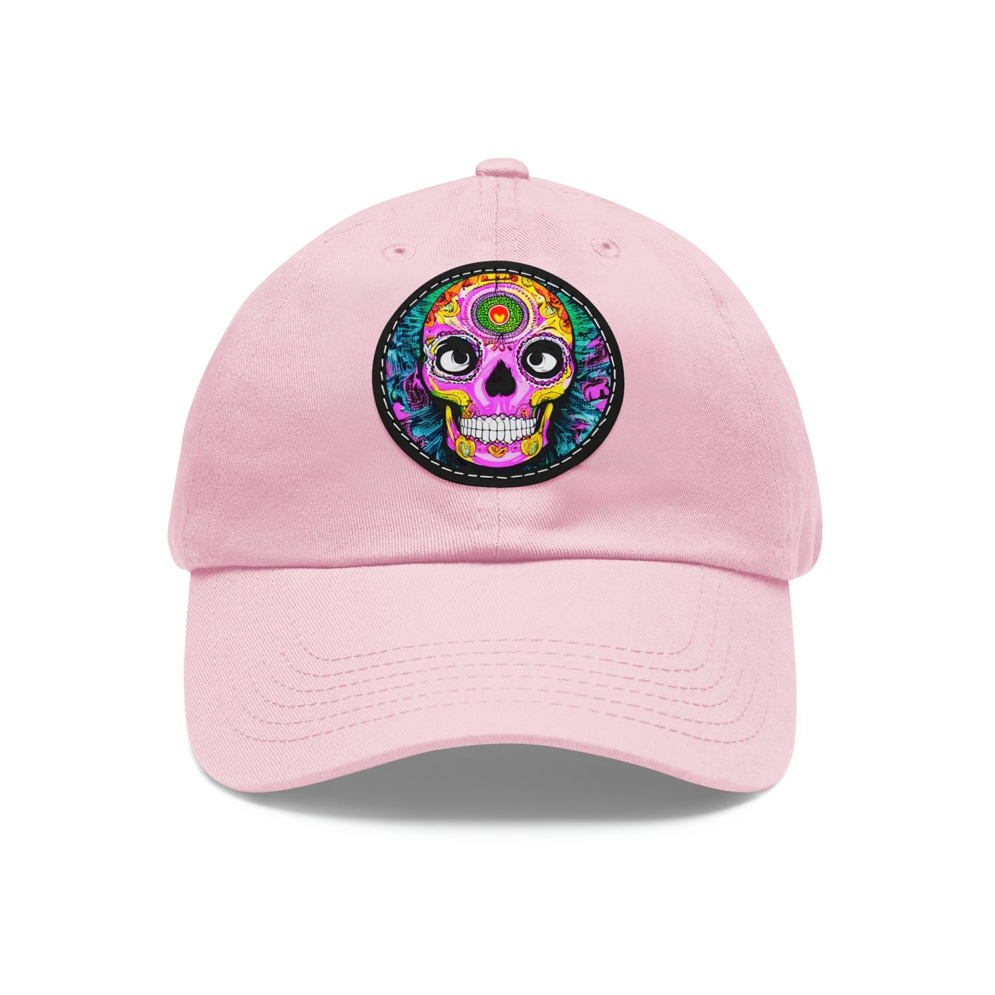 Trippy psychedelic Skull Skeleton Head Face Dad Hat with Leather Patch (Round)