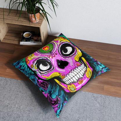 Cojín de suelo capitoné con cara de esqueleto de calavera psicodélica trippy, cuadrado 