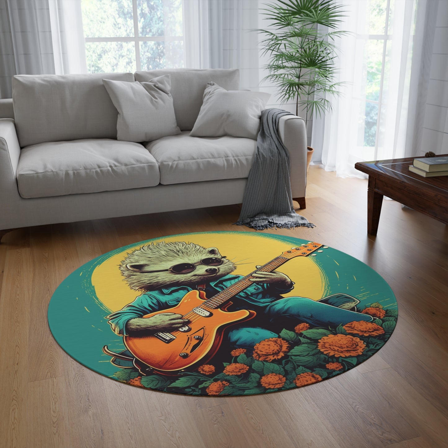 Hedgehog Rock Star Classic Animal Guitarist Graphic Round Rug