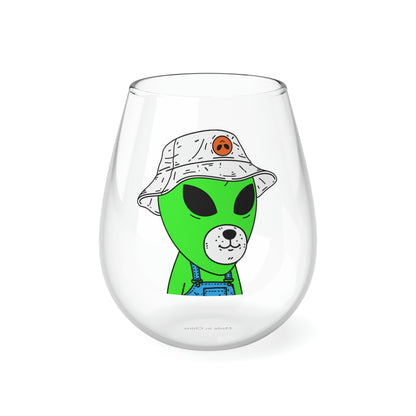 Green Dog Face Visitor Alien Hat Farmer Trousers Stemless Wine Glass, 11.75oz