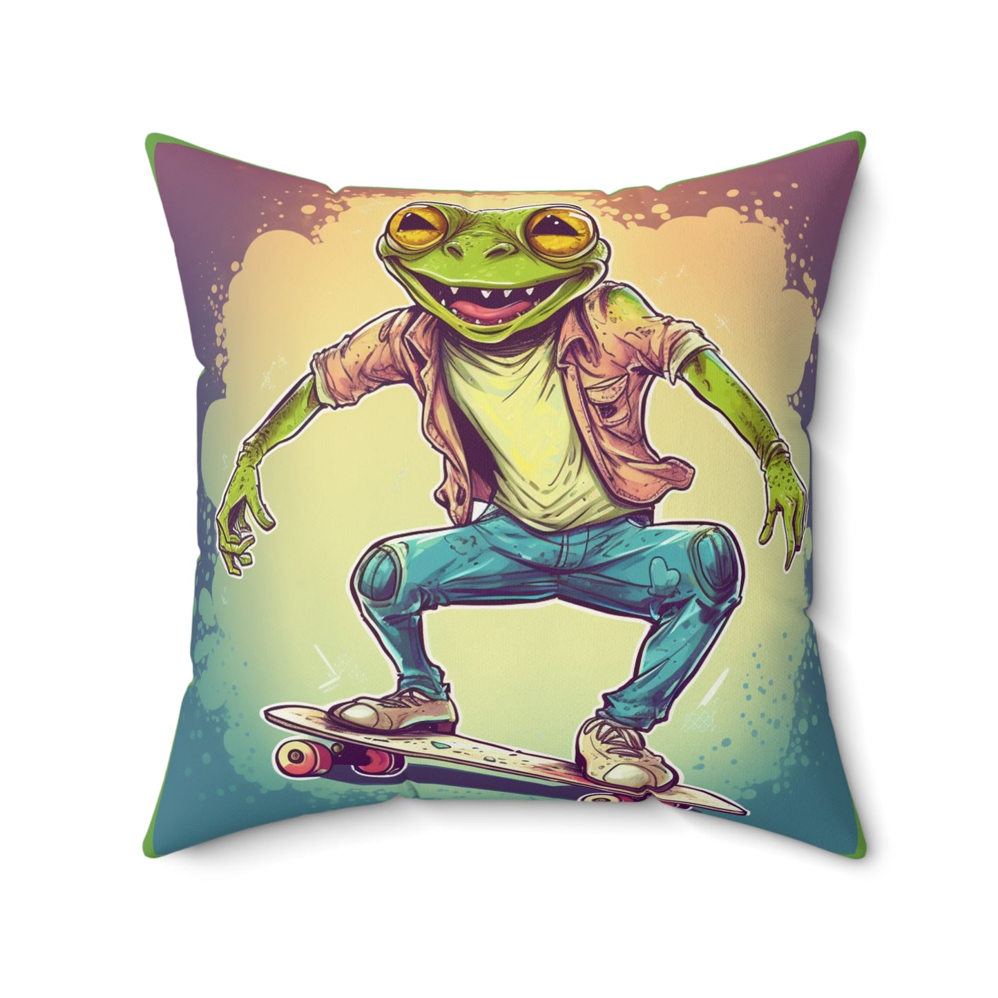 Frog Skateboard Trick Amphibian Sport Graphic Spun Polyester Square Pillow