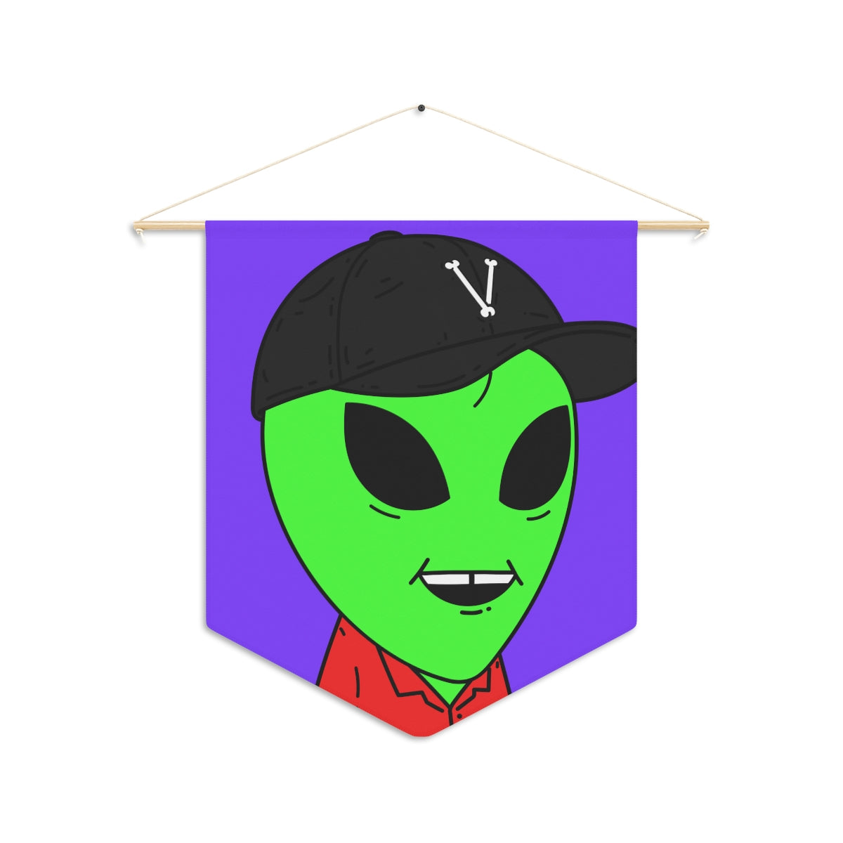 Missing Tooth Red Collar Green Alien with Visitor V Black Hat Pennant