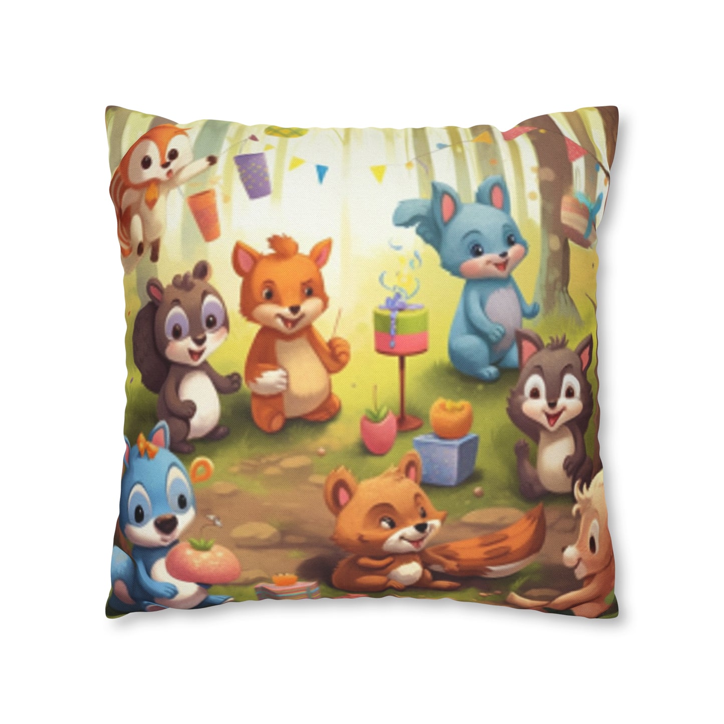 Nursery Art - Cartoon Forest Animals Party Design Spun Polyester Square Pillow Case