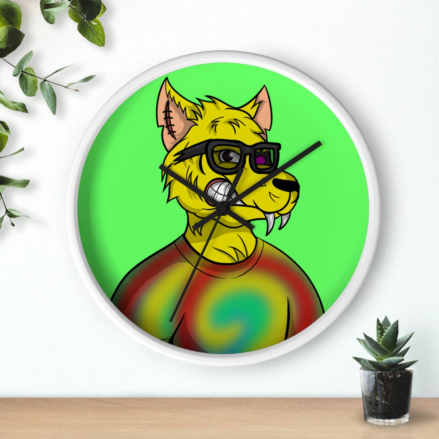 Wolve Cyborg Tie Dye Wolf Shirt Yellow Fur Cool Sun Glasses Wall clock