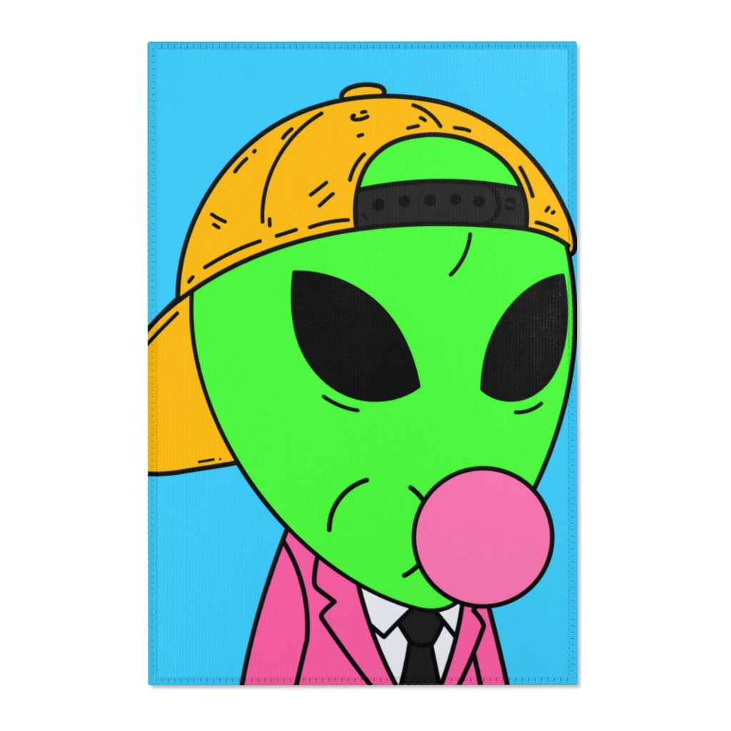 Pink Suit Bubble Gum Visitor Green Alien with Yellow Cap Area Rugs - Visitor751