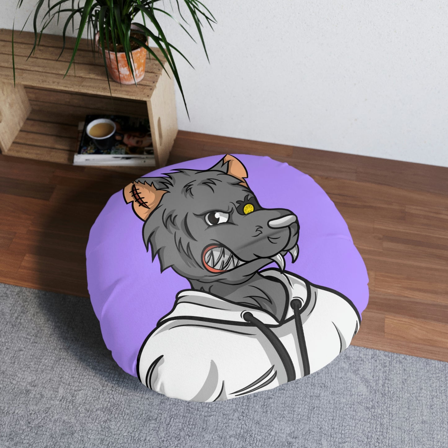 Fitness Grey Wolve Cyborg Wolf Tufted Floor Pillow, Round