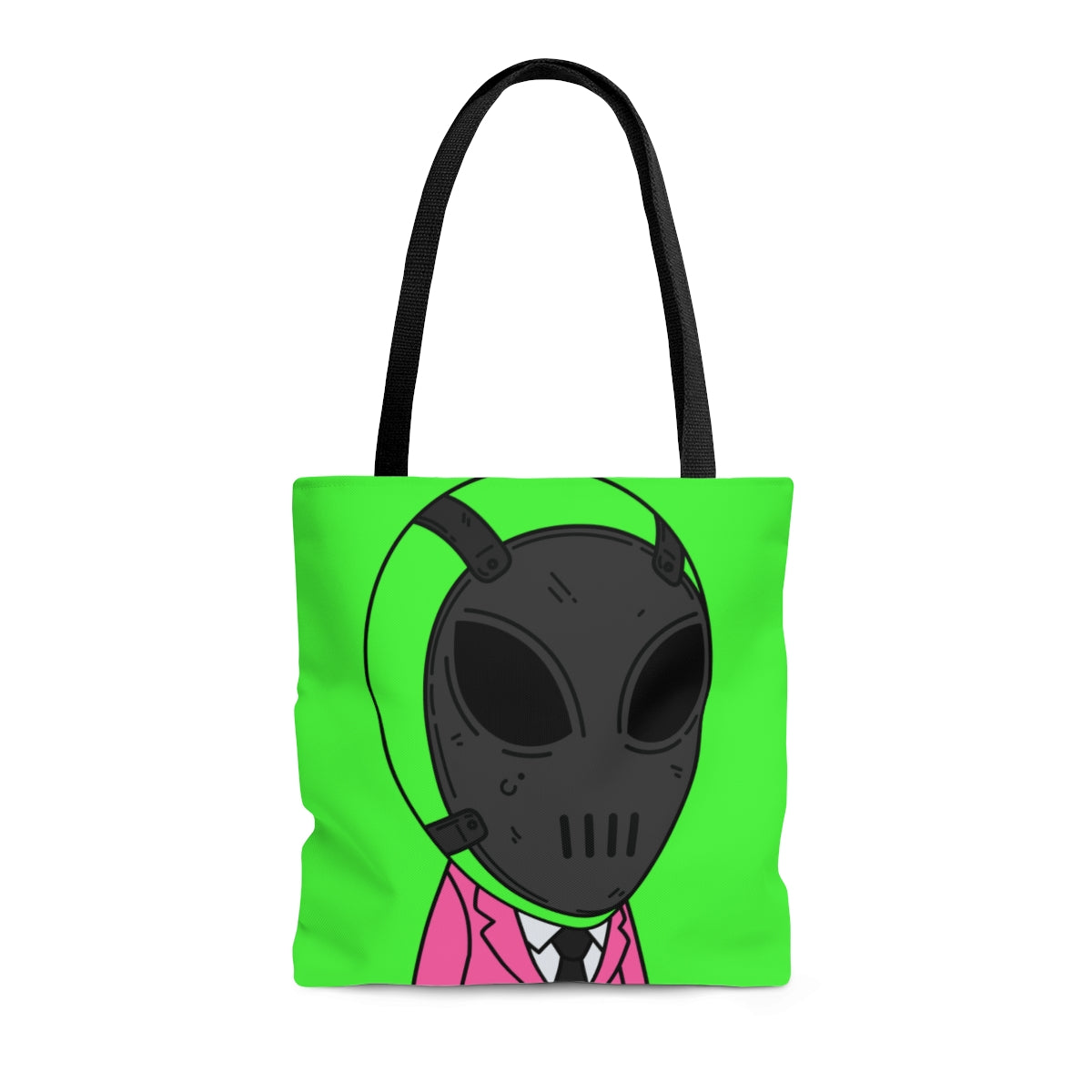 Green Alien Black Space UFO Mask Pink Suit Visitor AOP Tote Bag