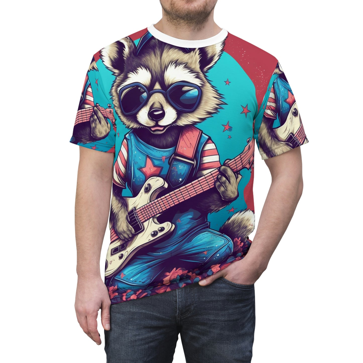 Patriotic Rock 'n' Roll Raccoon: Furry Guitar Player Unisex Cut & Sew Tee (AOP)