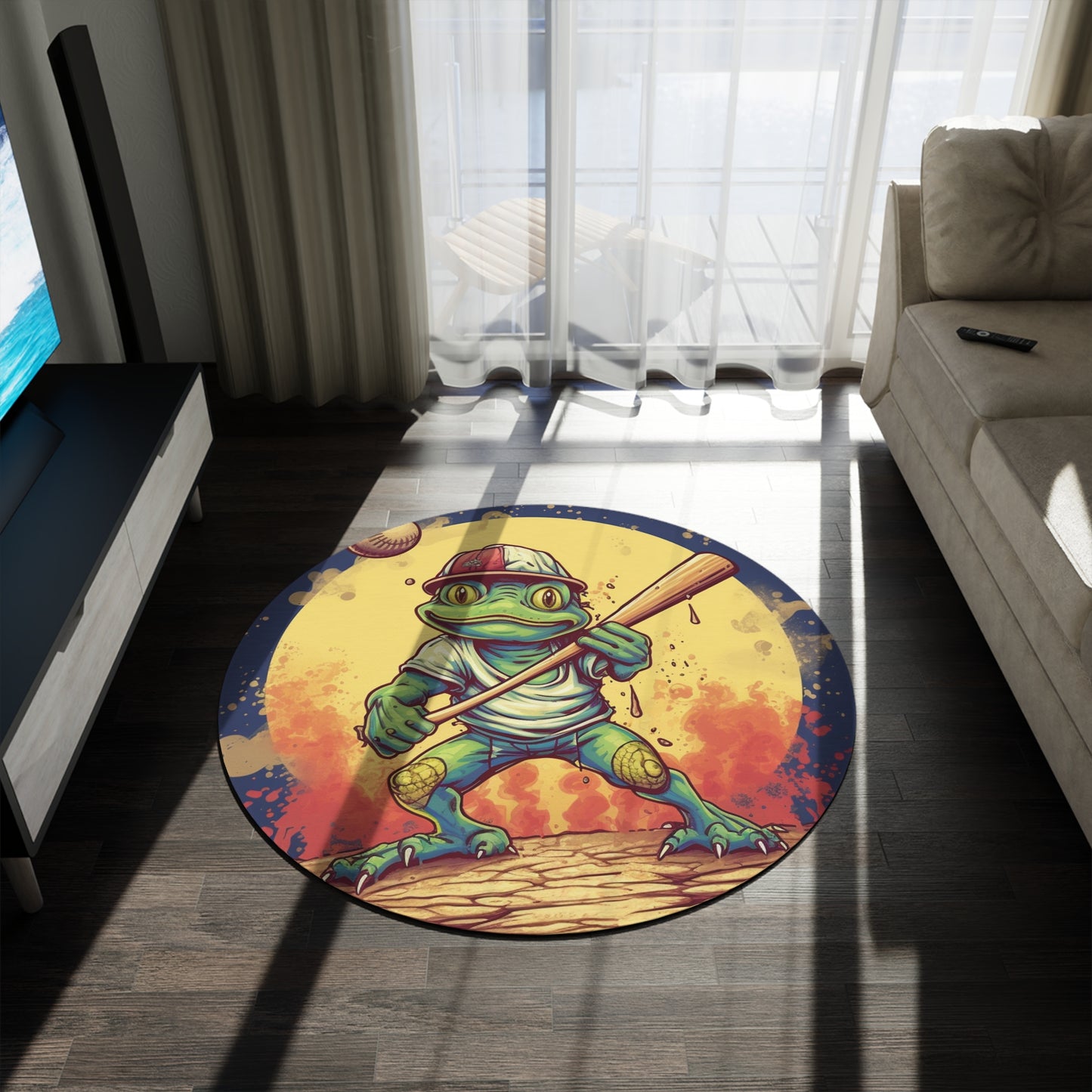 Frog Baseball Sport Athletic Swamp Creature Game Round Rug